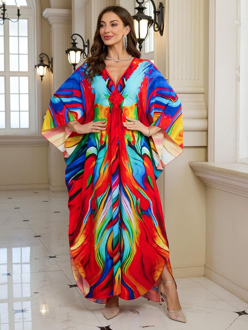KEYLORTING Women’s Kaftan Beach Cover Up Dress Plus Size Summer Swimsuit Loungewear Maxi Dress - Image 2